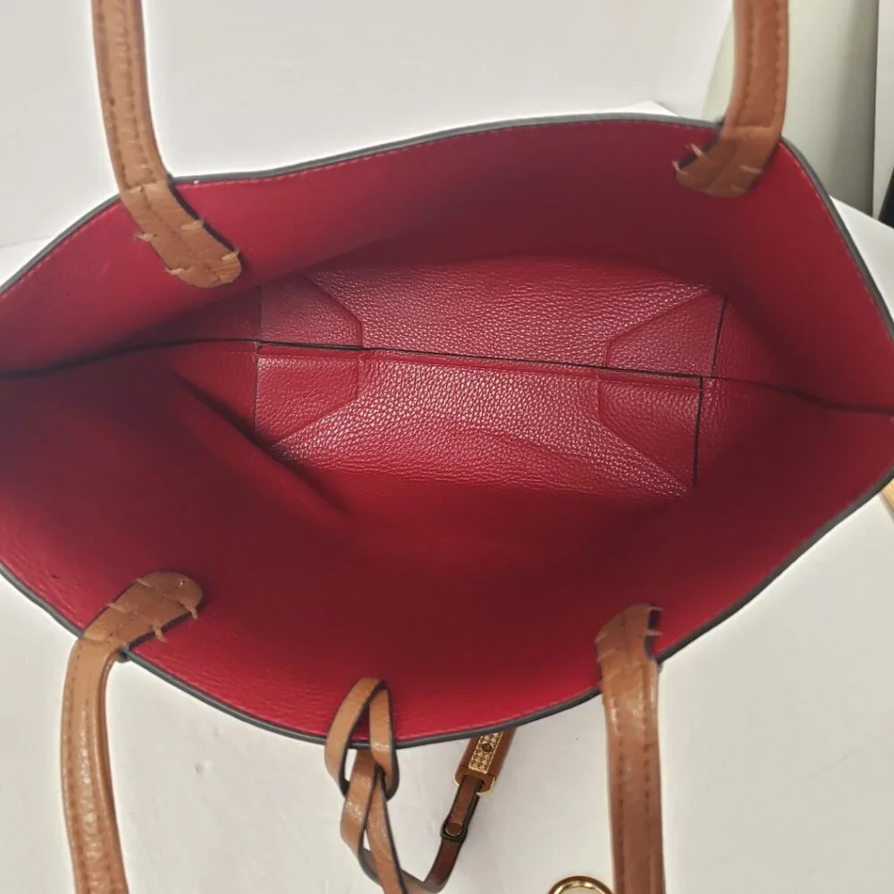 Kris Ana Reversible Handbag Camel Tan Red Key Ring Tote Bucket Purse